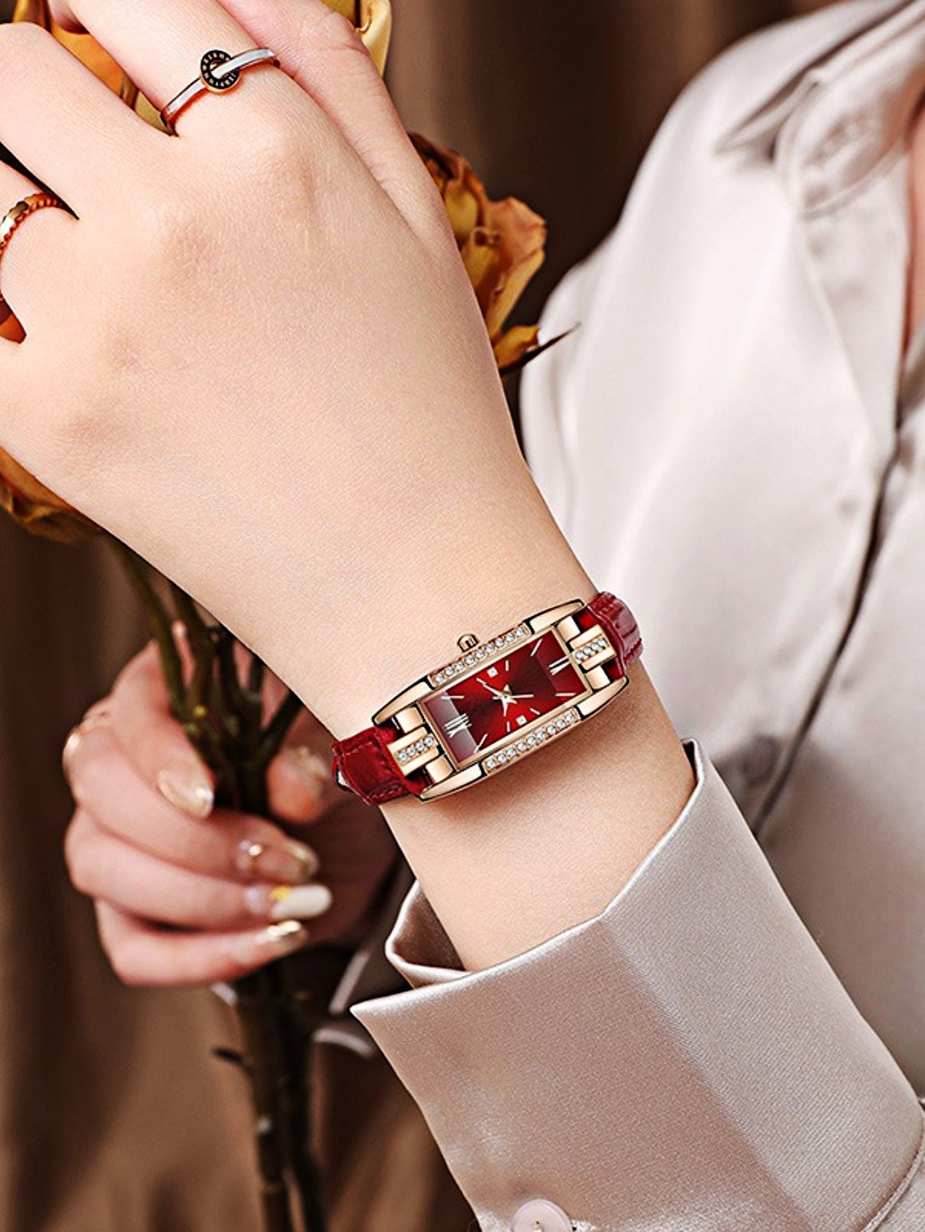 Shein - Rhinestone Decor Rectangle Pointer Quartz Watch