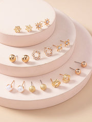 Shein - 9pairs Faux Pearl & Flower Decor Stud Earrings