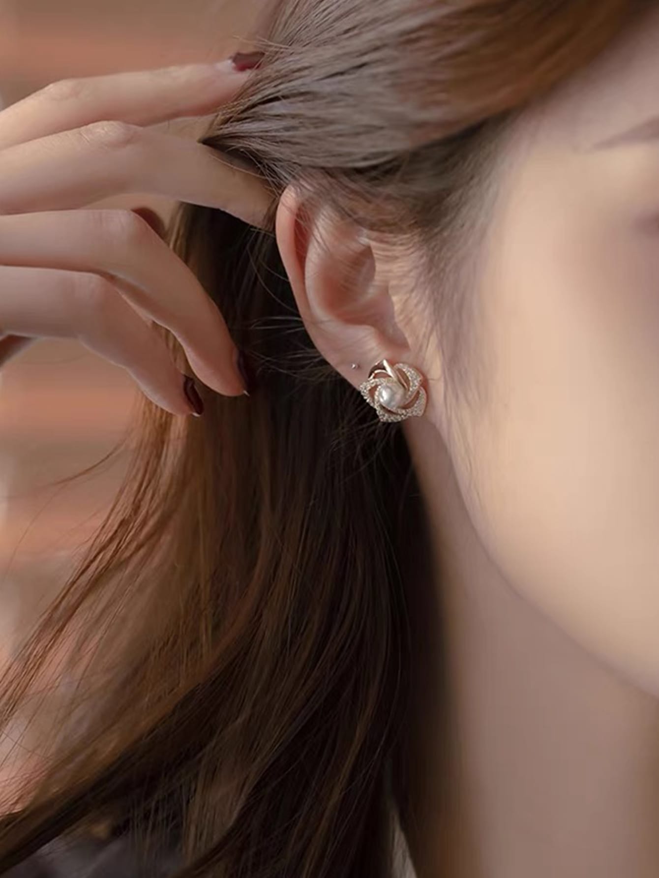 Shein - Faux Pearl & Rhinestone Flower Decor Stud Earrings