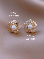 Shein - Faux Pearl & Rhinestone Flower Decor Stud Earrings
