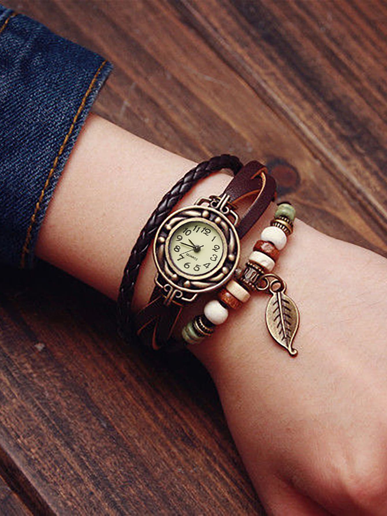 Shein - Vintage Wrap Bracelet Design Round Pointer Quartz Watch