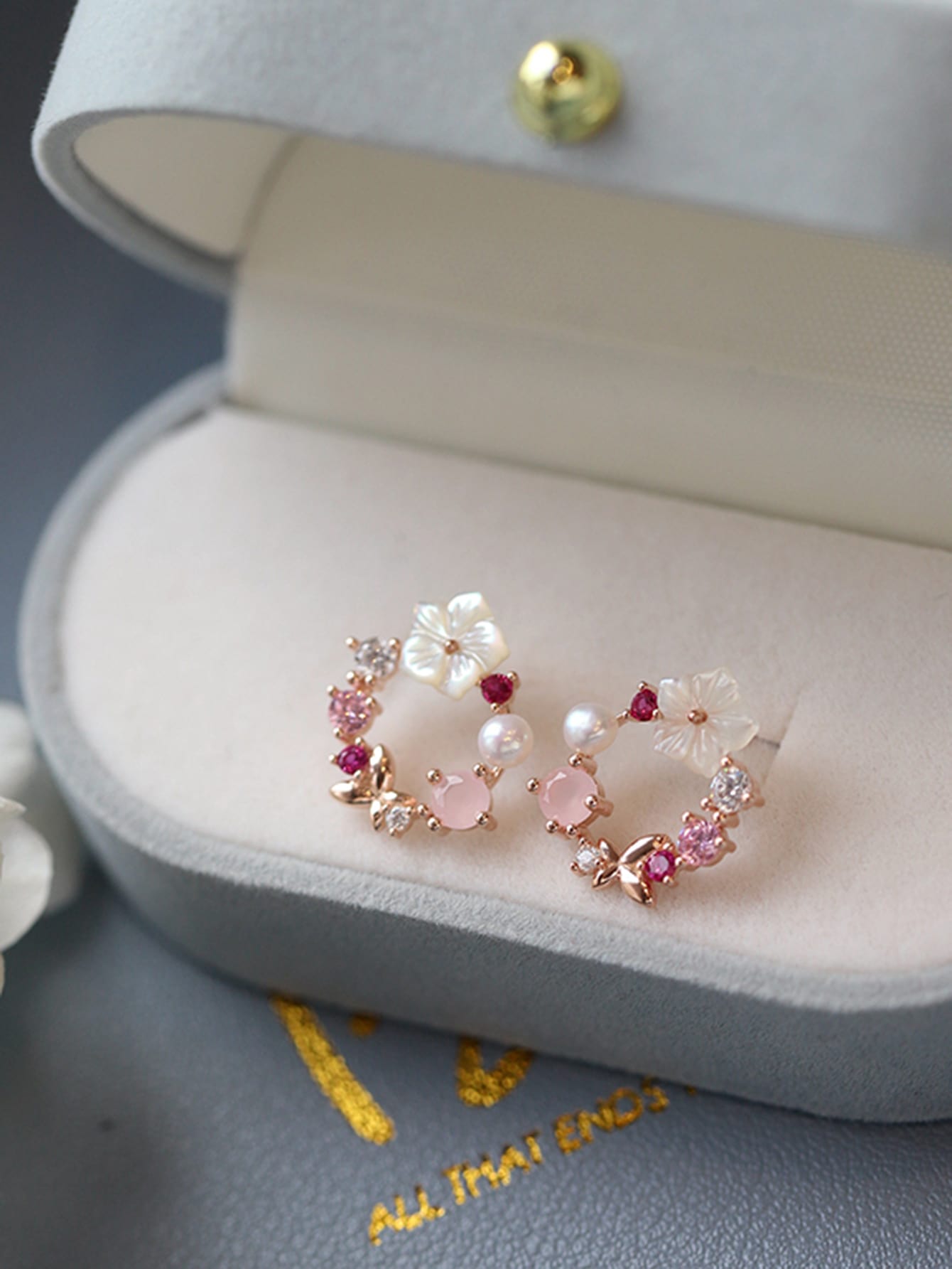 Shein - Rhinestone & Flower Decor Stud Earrings