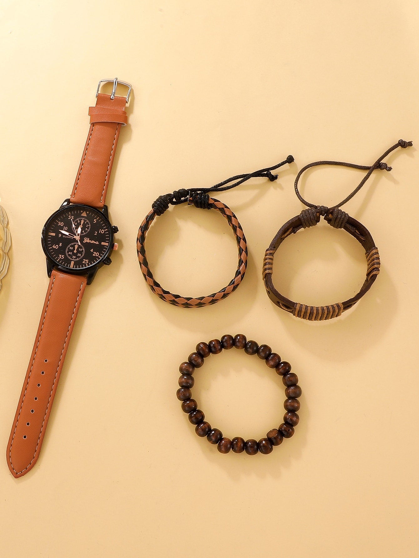Shein - 4pcs Set New Men Watch Luxury Bracelet Set Fashion Business Brown Leather Quartz Wrist Watches for Men Gift Set Relogio Masculino