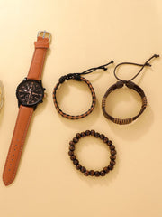 Shein - 4pcs Set New Men Watch Luxury Bracelet Set Fashion Business Brown Leather Quartz Wrist Watches for Men Gift Set Relogio Masculino