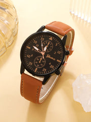 Shein - 4pcs Set New Men Watch Luxury Bracelet Set Fashion Business Brown Leather Quartz Wrist Watches for Men Gift Set Relogio Masculino