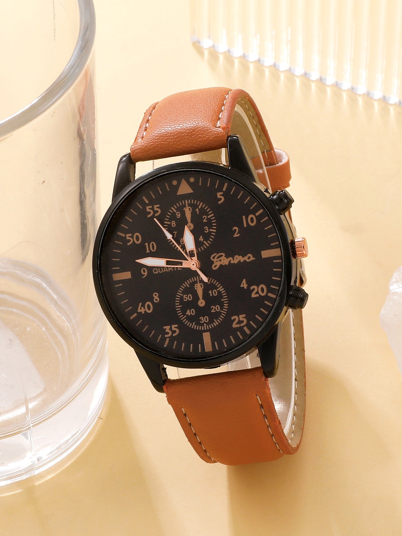 Shein - 4pcs Set New Men Watch Luxury Bracelet Set Fashion Business Brown Leather Quartz Wrist Watches for Men Gift Set Relogio Masculino