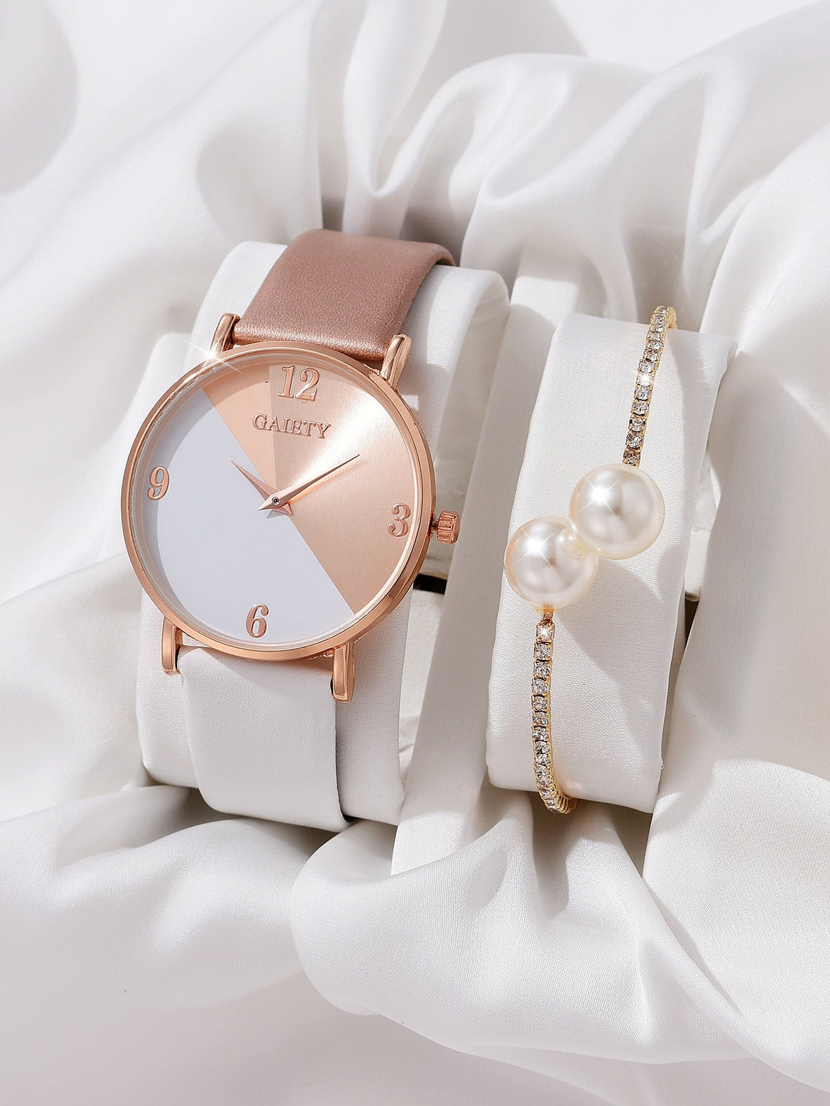 Shein - 1pc Color Block Round Pointer Quartz Watch & 1pc Bracelet
