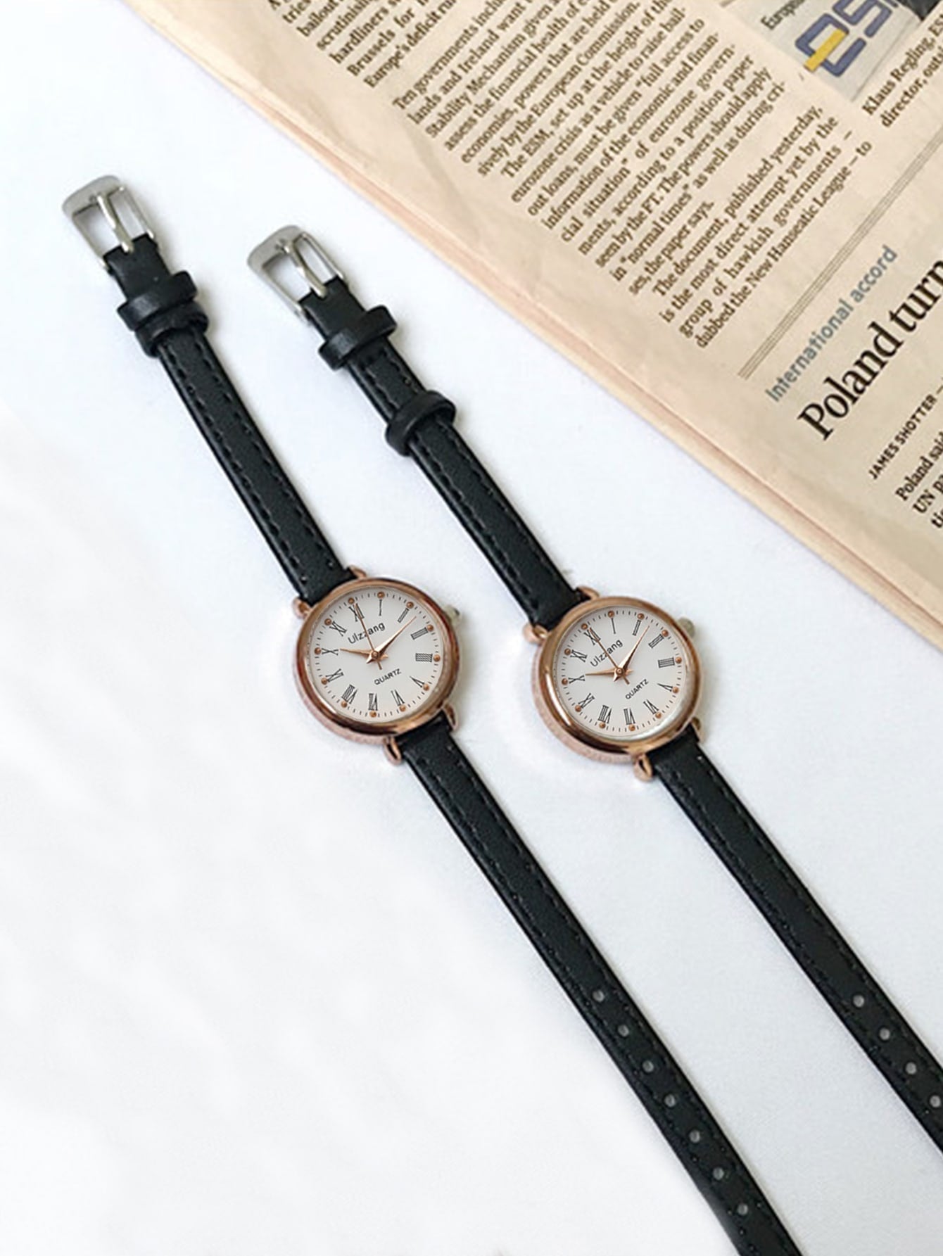 Shein - 1pc Black PU Polyurethane Strap Fashionable Round Dial Quartz Watch, For Daily Life