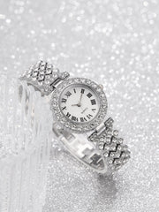 Shein - 1pc Women Silver Zinc Alloy Strap Glamorous Cubic Zirconia Decor Round Dial Quartz Watch & 5pcs Jewelry Set, For Daily Life