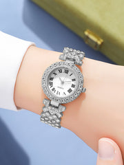 Shein - 1pc Women Silver Zinc Alloy Strap Glamorous Cubic Zirconia Decor Round Dial Quartz Watch & 5pcs Jewelry Set, For Daily Life