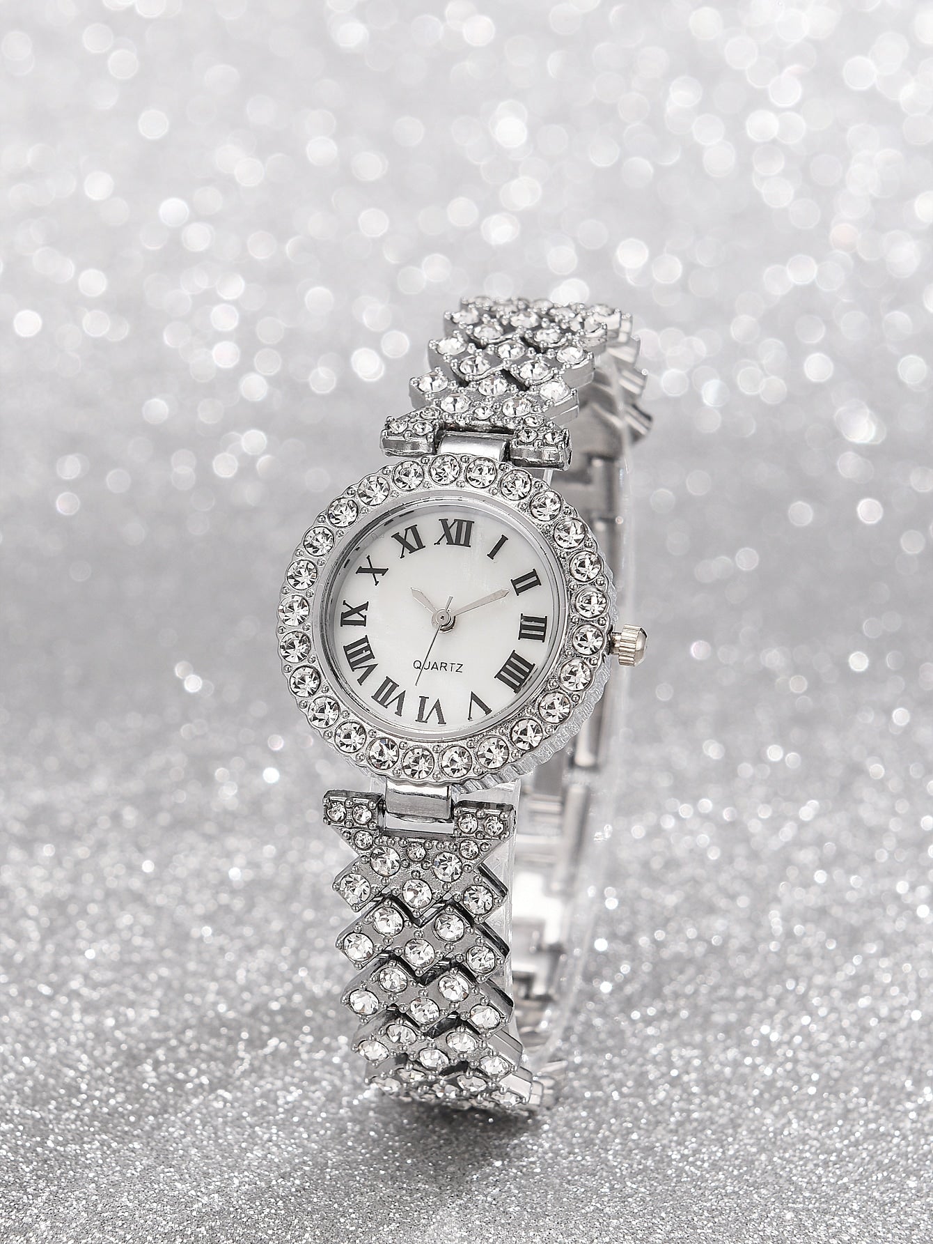 Shein - 1pc Women Silver Zinc Alloy Strap Glamorous Cubic Zirconia Decor Round Dial Quartz Watch & 5pcs Jewelry Set, For Daily Life
