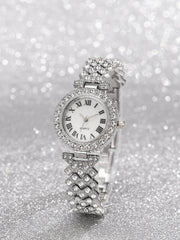 Shein - 1pc Women Silver Zinc Alloy Strap Glamorous Cubic Zirconia Decor Round Dial Quartz Watch & 5pcs Jewelry Set, For Daily Life