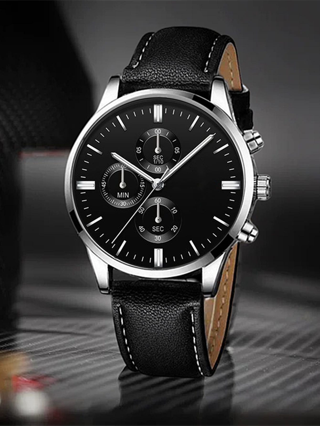 Shein - Black Stainless Steel Business Round Pointer Quartz Watch For Daily Life
