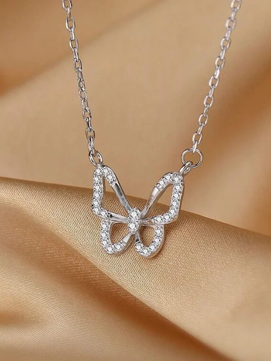 Shein - Fashion zinc alloy necklace with rhinestone decor and butterfly pendant for daily decoration one piece for women
