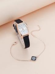 Shein - 1pc Black PU Polyurethane Strap Elegant Square Dial Quartz Watch & 1pc Bracelet, For Daily Life