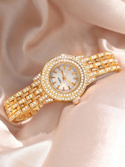 Shein - 3pcs Fashion Shining Fine Band Full Diamond Women's Gold Steel Band Quartz Watch with Bracelet Set