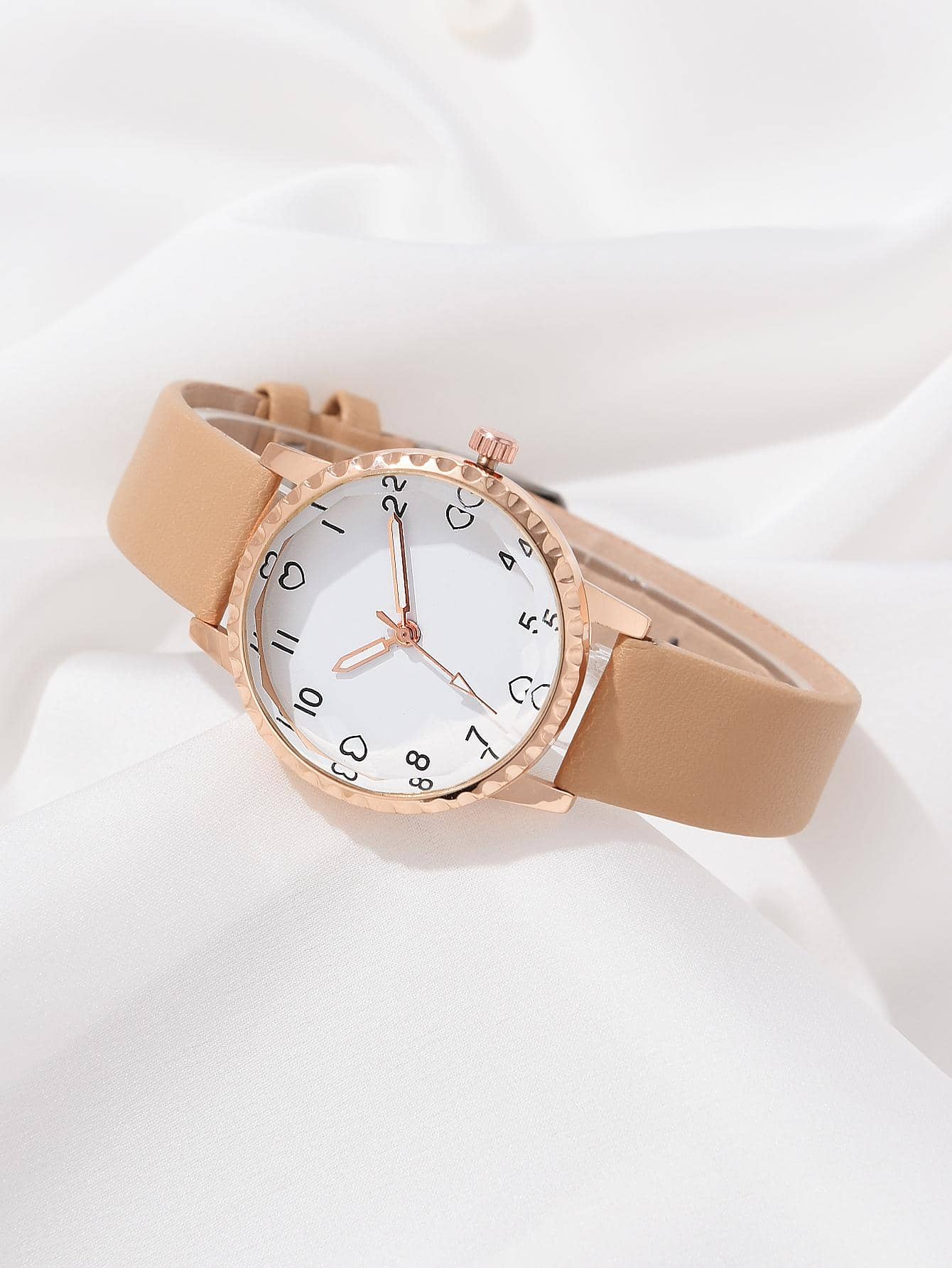 Shein - 1pc Brown PU Polyurethane Strap Casual Round Dial Quartz Watch & 5pcs Rhinestone Heart Decor Jewelry Set, For Daily Life