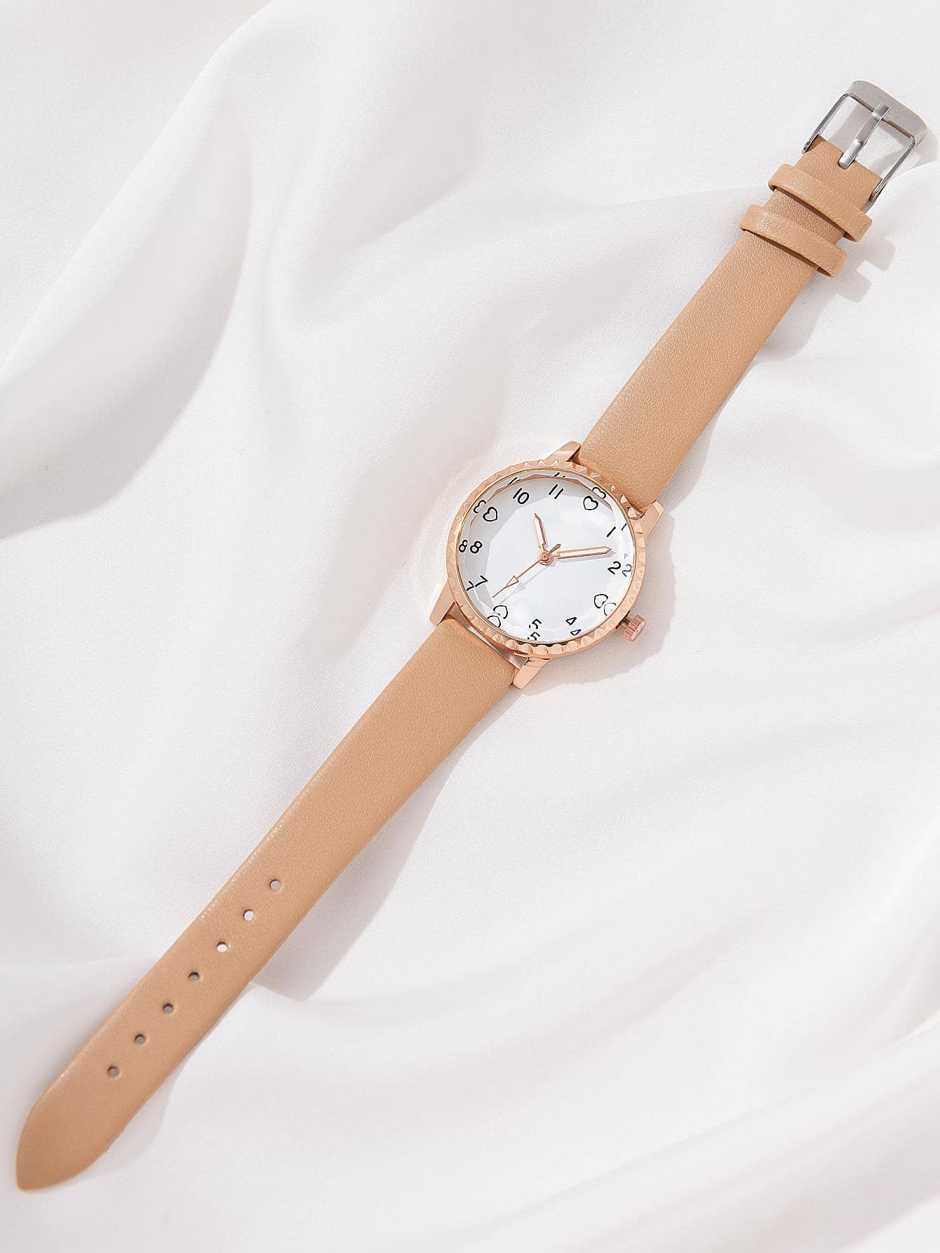 Shein - 1pc Brown PU Polyurethane Strap Casual Round Dial Quartz Watch & 5pcs Rhinestone Heart Decor Jewelry Set, For Daily Life
