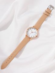 Shein - 1pc Brown PU Polyurethane Strap Casual Round Dial Quartz Watch & 5pcs Rhinestone Heart Decor Jewelry Set, For Daily Life