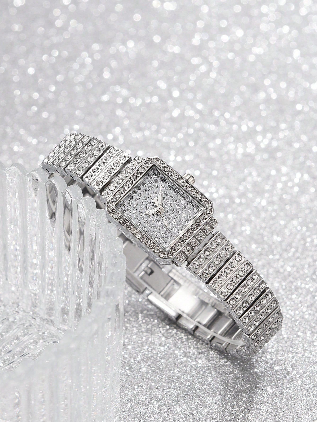Shein - 1pc Women Silver Rhinestone Decor Zinc Alloy Strap Glamorous Square Dial Quartz Watch & 1pc Chain Bracelet, For Gift