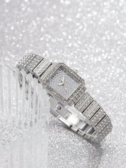 Shein - 1pc Women Silver Rhinestone Decor Zinc Alloy Strap Glamorous Square Dial Quartz Watch & 1pc Chain Bracelet, For Gift