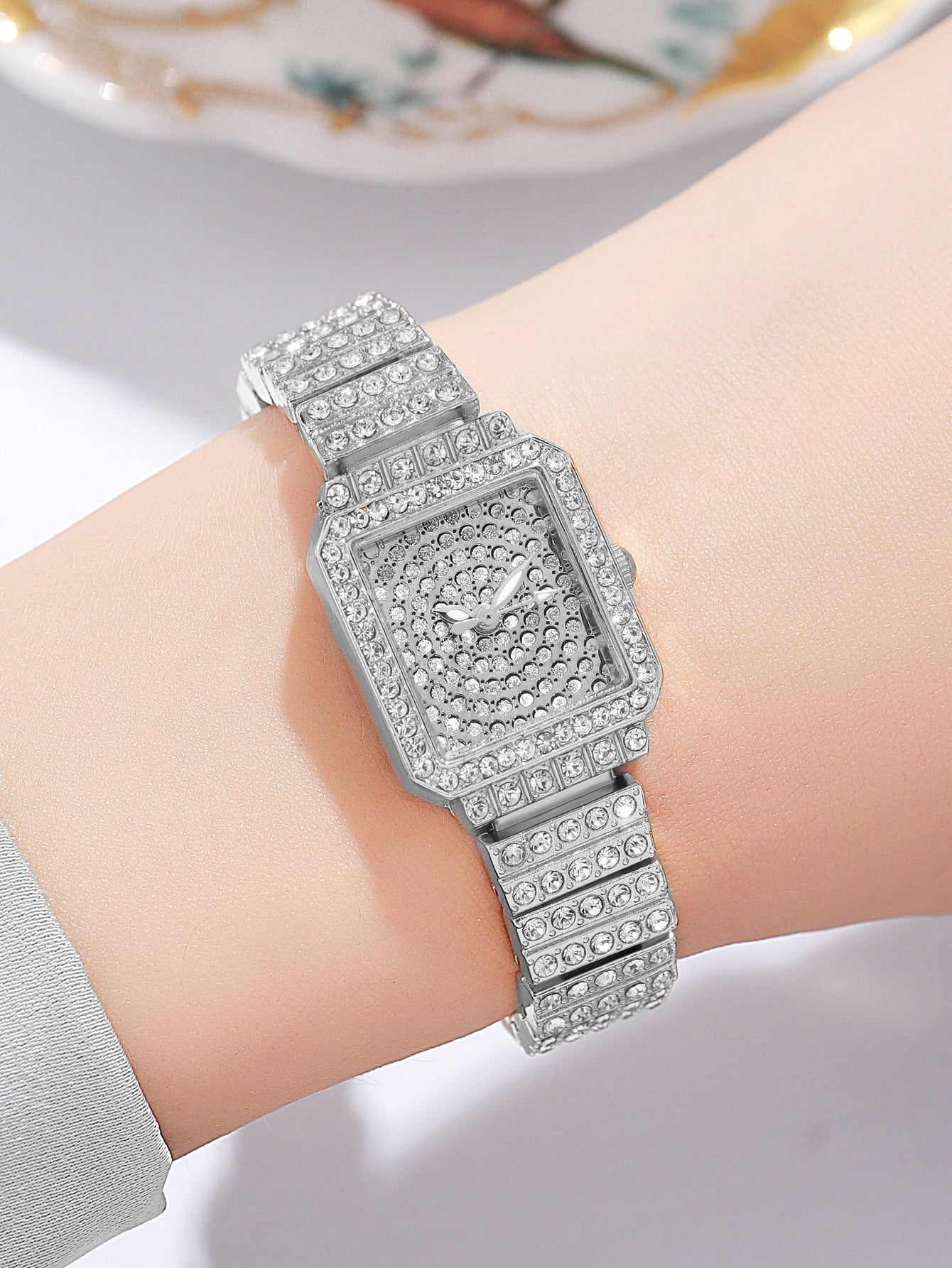 Shein - 1pc Women Silver Rhinestone Decor Zinc Alloy Strap Glamorous Square Dial Quartz Watch & 1pc Chain Bracelet, For Gift