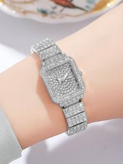 Shein - 1pc Women Silver Rhinestone Decor Zinc Alloy Strap Glamorous Square Dial Quartz Watch & 1pc Chain Bracelet, For Gift