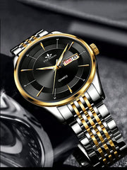 Shein - 1pc Men Two Tone Stainless Steel Strap Business Date Round Dial Quartz Watch, For Daily Life
