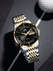 Shein - 1pc Men Two Tone Stainless Steel Strap Business Date Round Dial Quartz Watch, For Daily Life