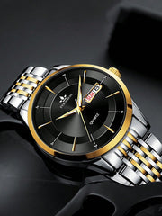Shein - 1pc Men Two Tone Stainless Steel Strap Business Date Round Dial Quartz Watch, For Daily Life