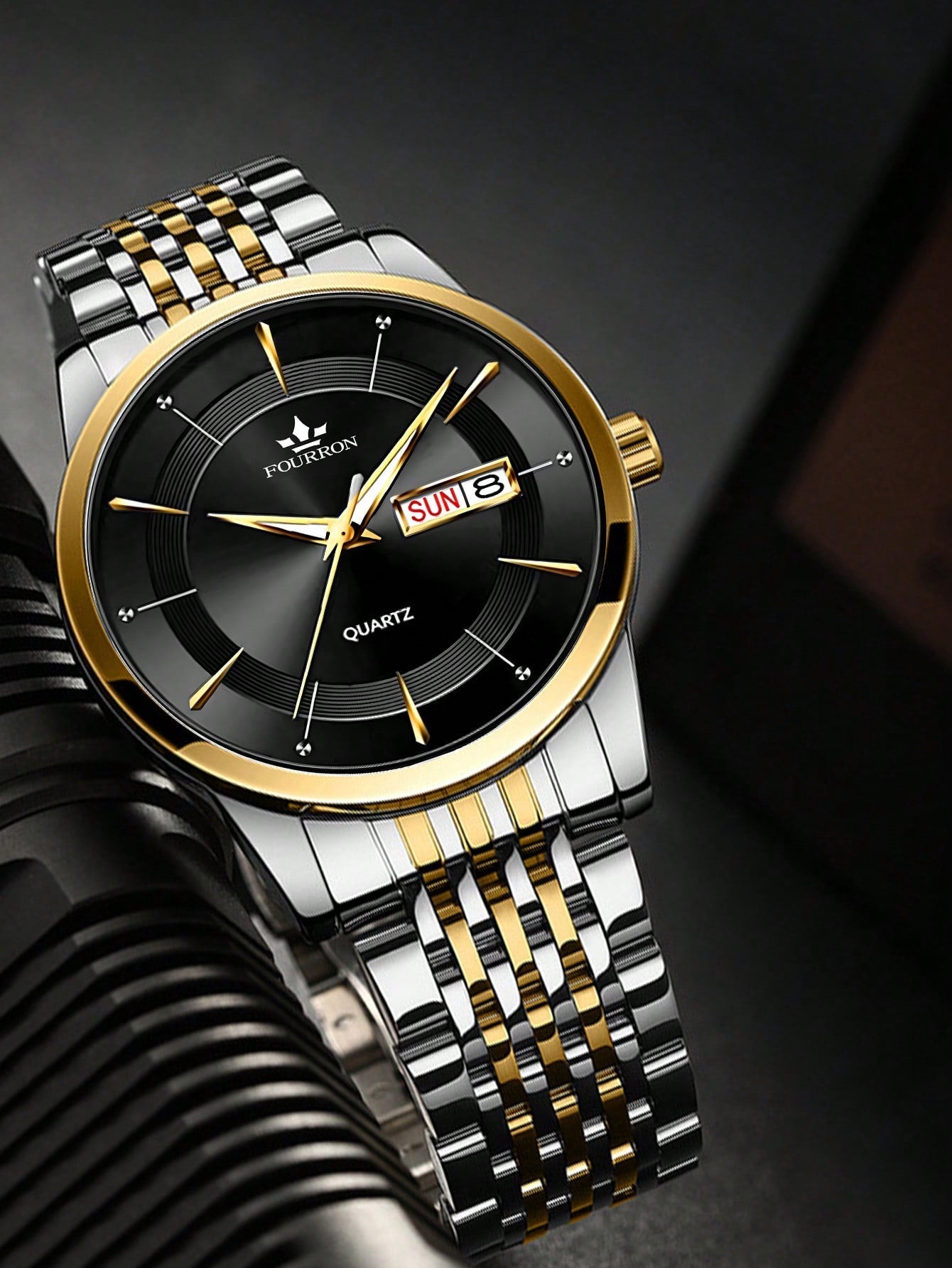 Shein - 1pc Men Two Tone Stainless Steel Strap Business Date Round Dial Quartz Watch, For Daily Life