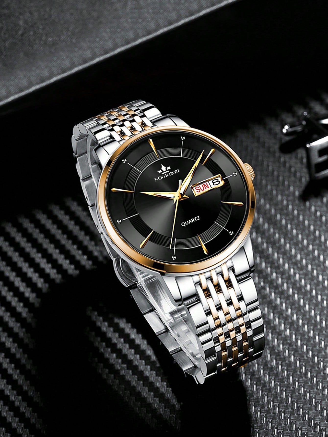 Shein - 1pc Men Two Tone Stainless Steel Strap Business Date Round Dial Quartz Watch, For Daily Life