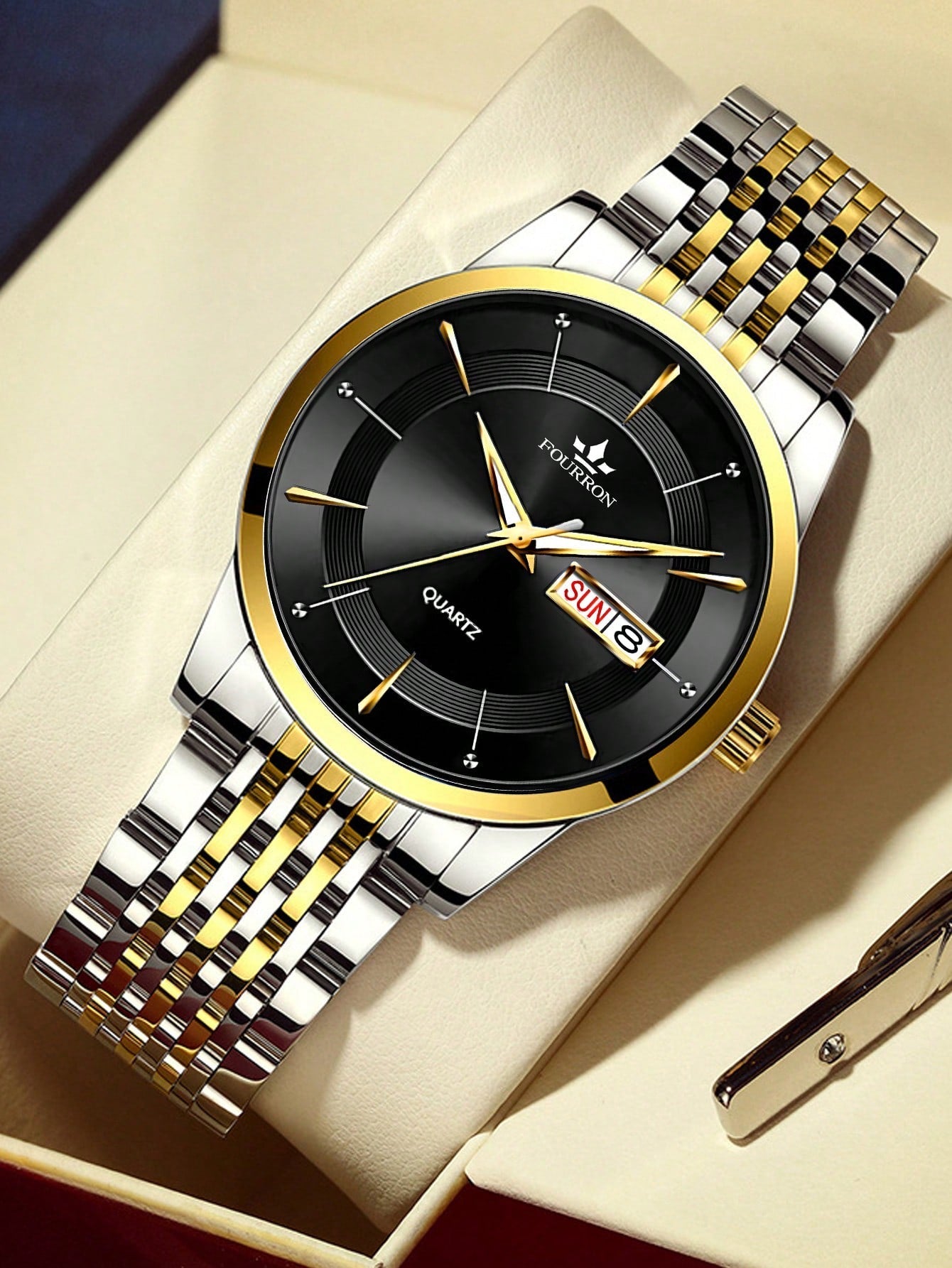 Shein - 1pc Men Two Tone Stainless Steel Strap Business Date Round Dial Quartz Watch, For Daily Life