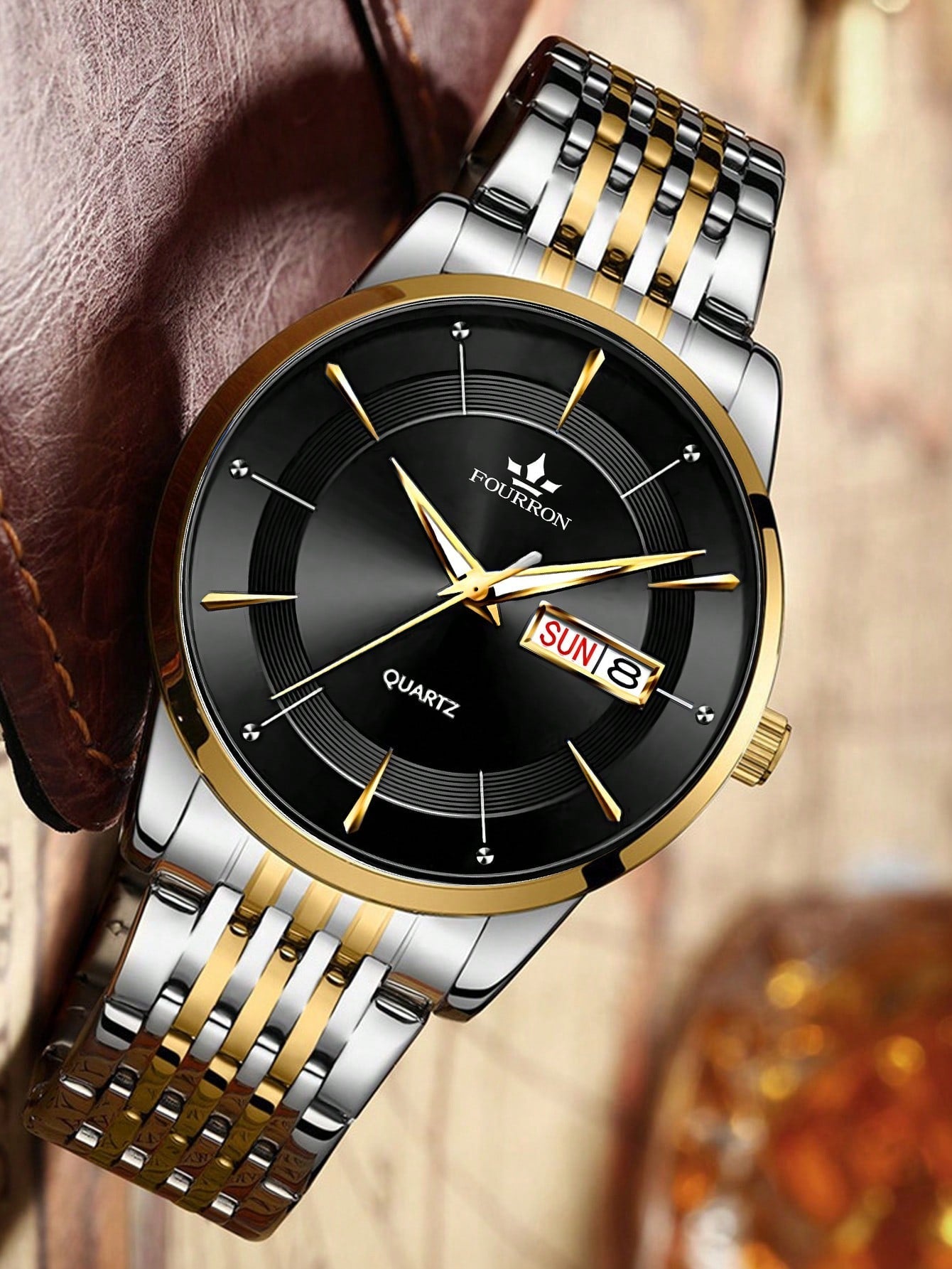 Shein - 1pc Men Two Tone Stainless Steel Strap Business Date Round Dial Quartz Watch, For Daily Life