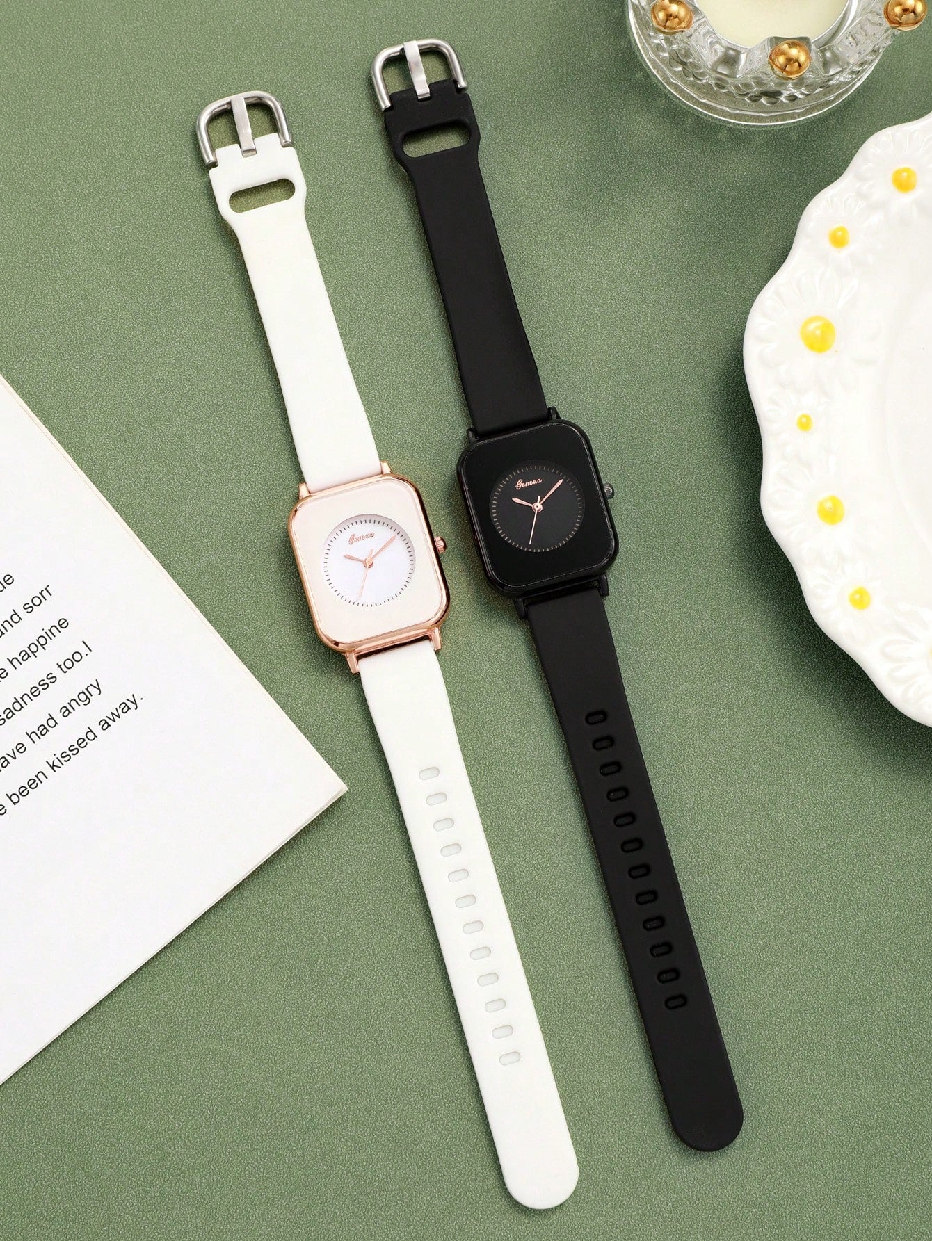 Shein - 2pcs Couple Square Dial Quartz Watch
