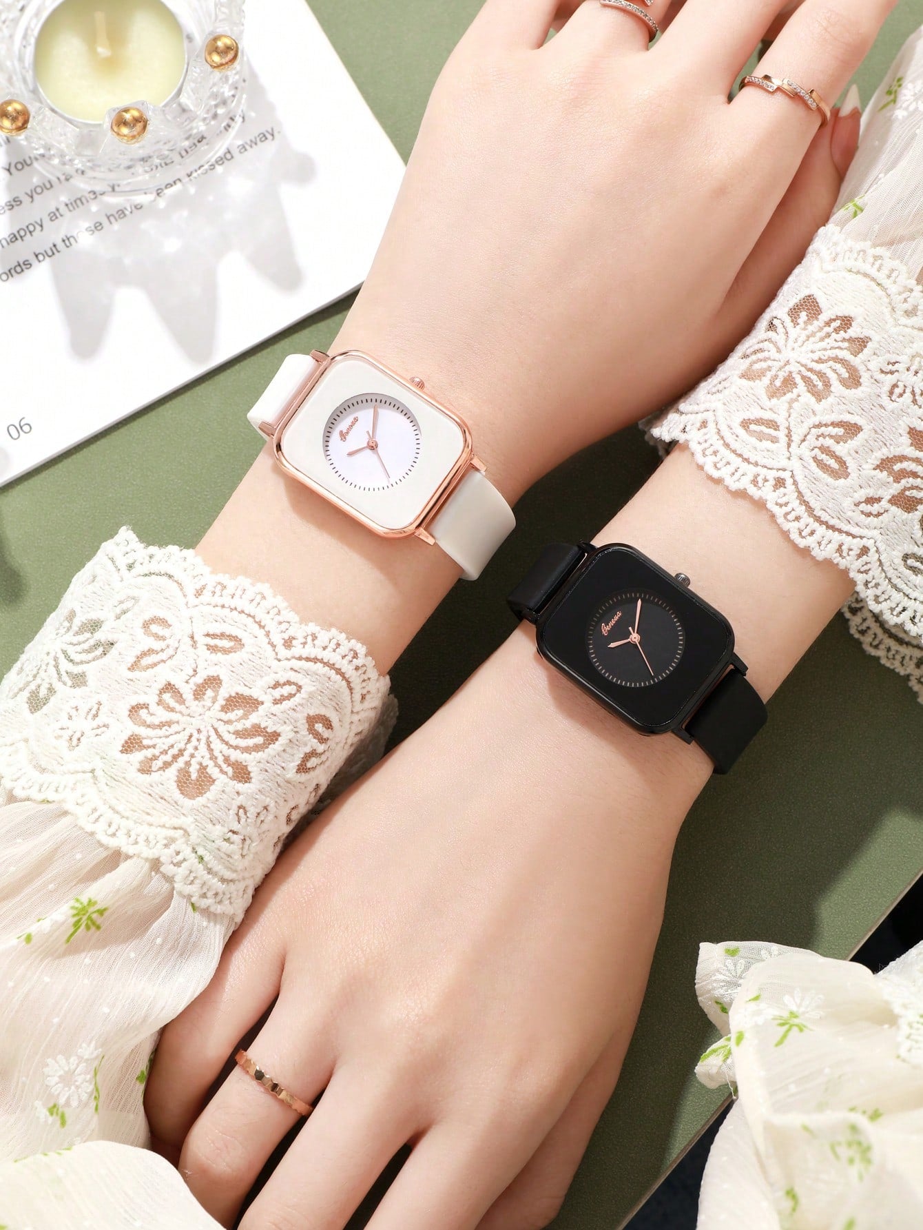Shein - 2pcs Couple Square Dial Quartz Watch