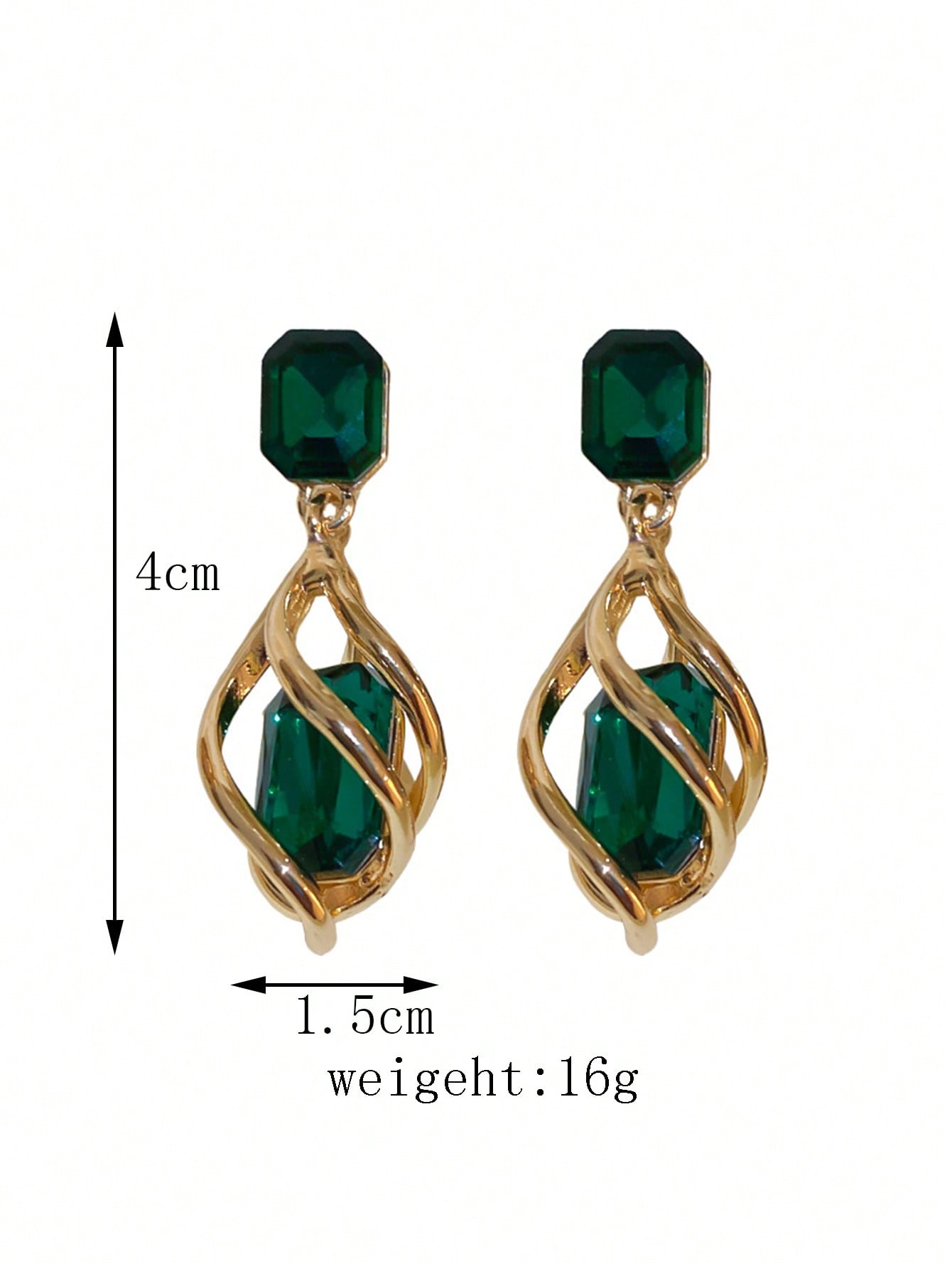 Shein - 2Pcs Geometric Green Gemstone & Diamond Drop Earrings For Women
