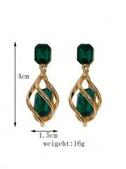 Shein - 2Pcs Geometric Green Gemstone & Diamond Drop Earrings For Women