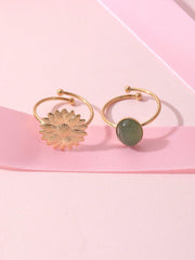 Shein - 2pcs 14k Gold Plated Fashionable Dopamine Style, Baroque Pattern Natural Stone Flower Decorated Open Ring For Women's Daily Use Or Gift