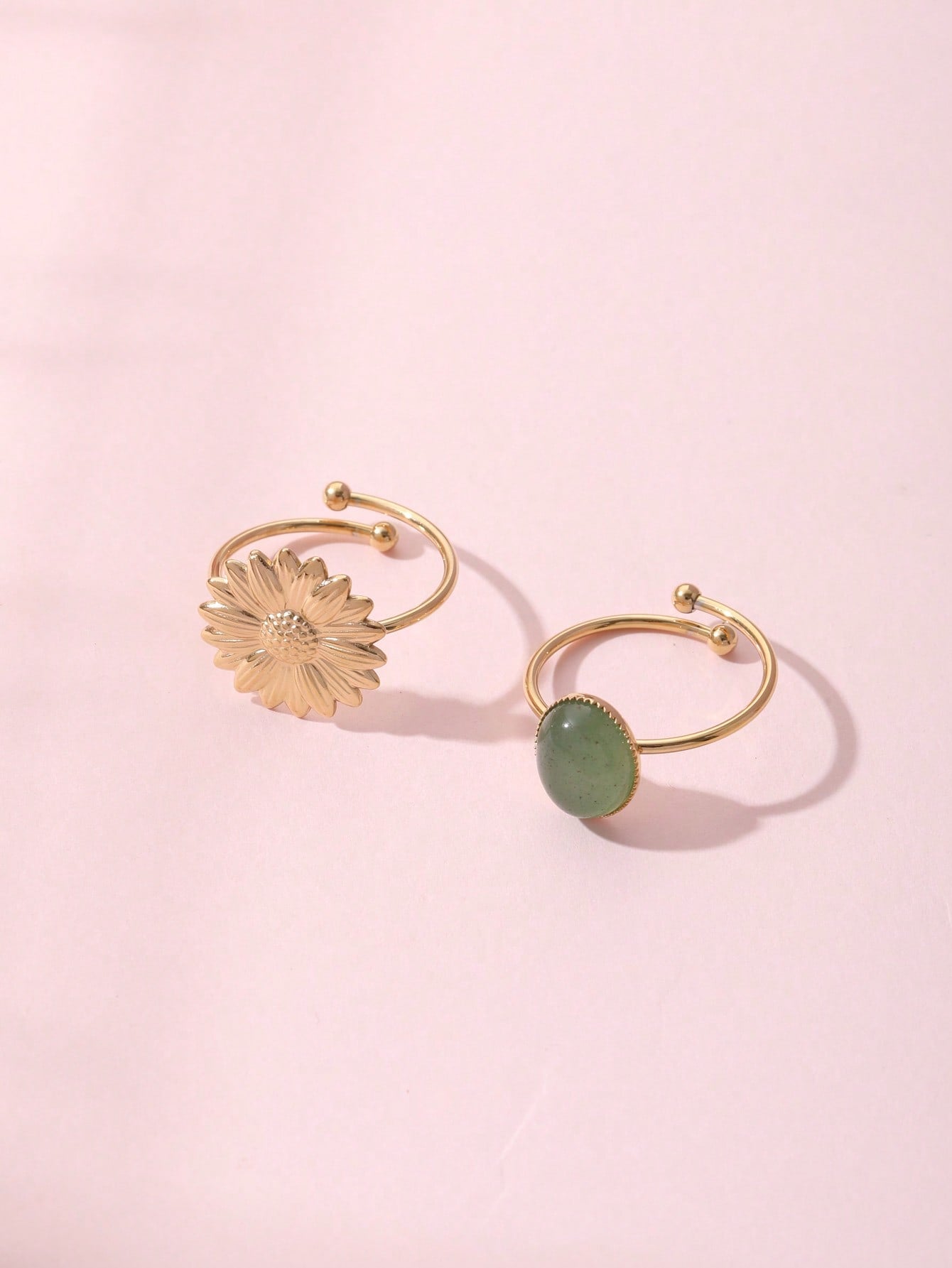 Shein - 2pcs 14k Gold Plated Fashionable Dopamine Style, Baroque Pattern Natural Stone Flower Decorated Open Ring For Women's Daily Use Or Gift