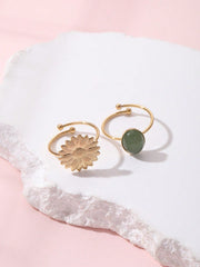 Shein - 2pcs 14k Gold Plated Fashionable Dopamine Style, Baroque Pattern Natural Stone Flower Decorated Open Ring For Women's Daily Use Or Gift