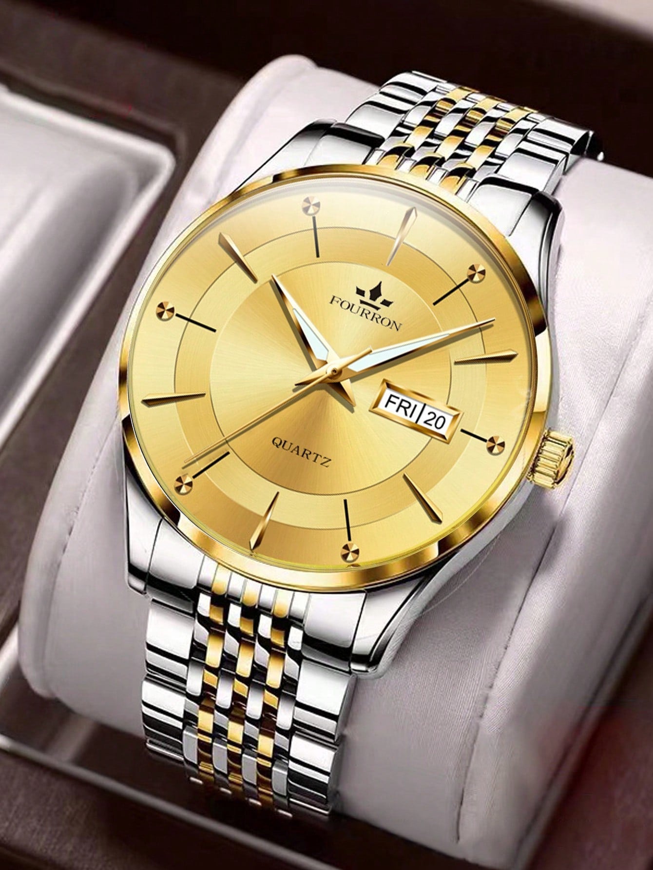 Shein - 1pc Men Two Tone Stainless Steel Strap Business Date Round Dial Quartz Watch, For Daily Life