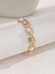 Shein - 1Pc Luxury Zinc Alloy Faux Pearl & Rhinestone Decor Leaf Detail Chain Bracelet For Women For Daily Life