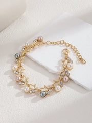 Shein - 1Pc Luxury Zinc Alloy Faux Pearl & Rhinestone Decor Leaf Detail Chain Bracelet For Women For Daily Life