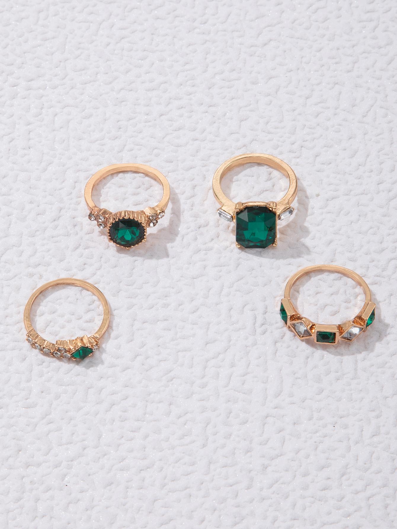 Shein - 4Pcs/Set Glamorous Zinc Alloy Rhinestone Geometric Decor Ring For Women For Girlfriend'S Gift