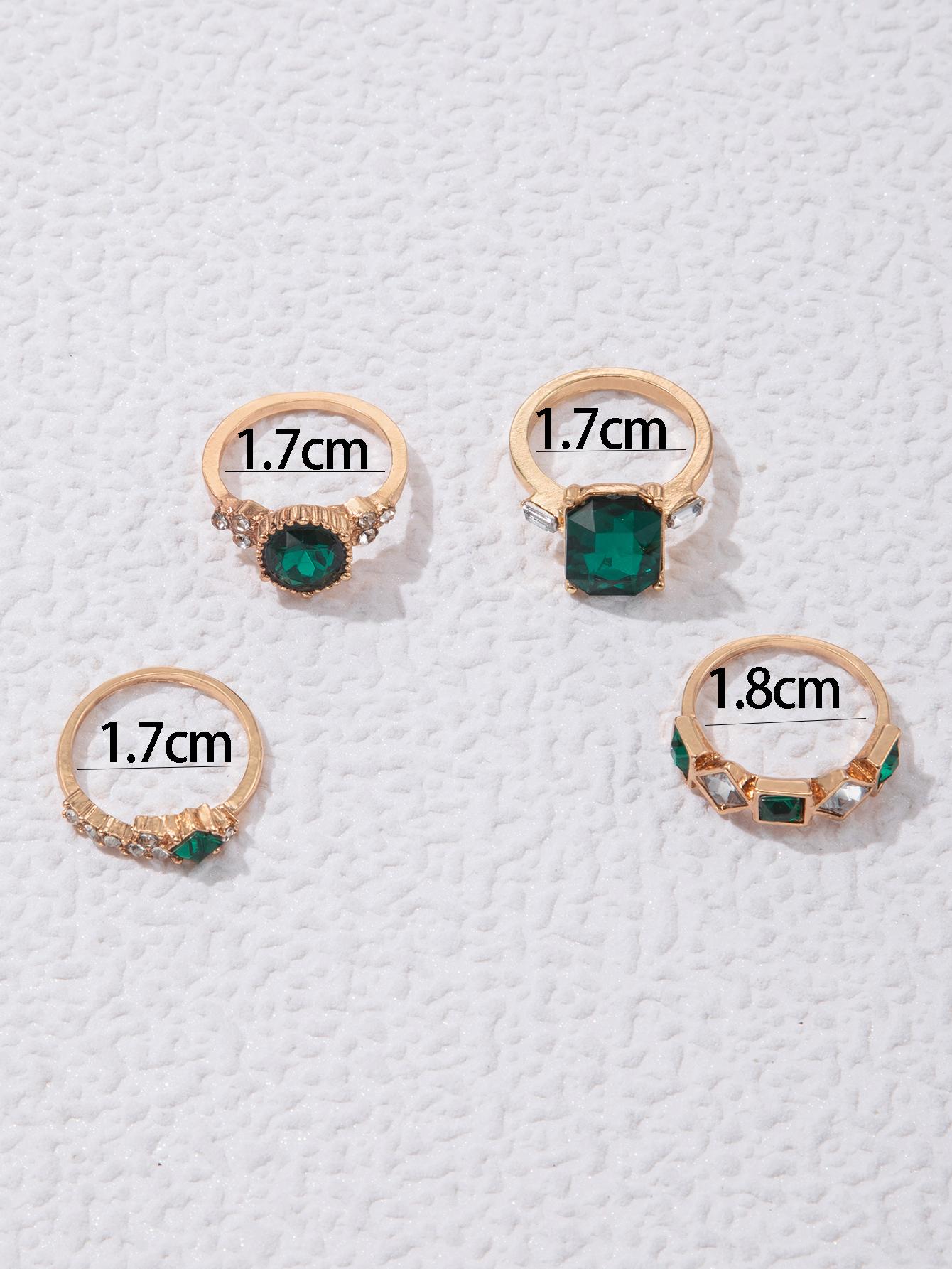 Shein - 4Pcs/Set Glamorous Zinc Alloy Rhinestone Geometric Decor Ring For Women For Girlfriend'S Gift