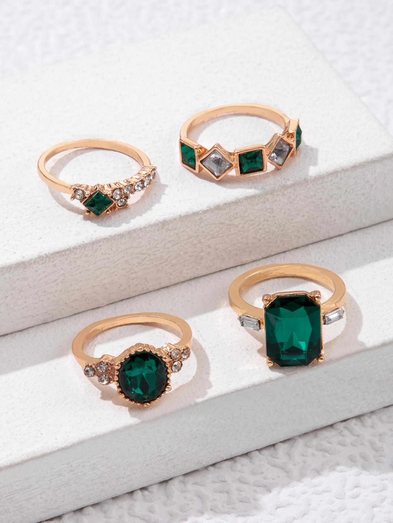 Shein - 4Pcs/Set Glamorous Zinc Alloy Rhinestone Geometric Decor Ring For Women For Girlfriend'S Gift