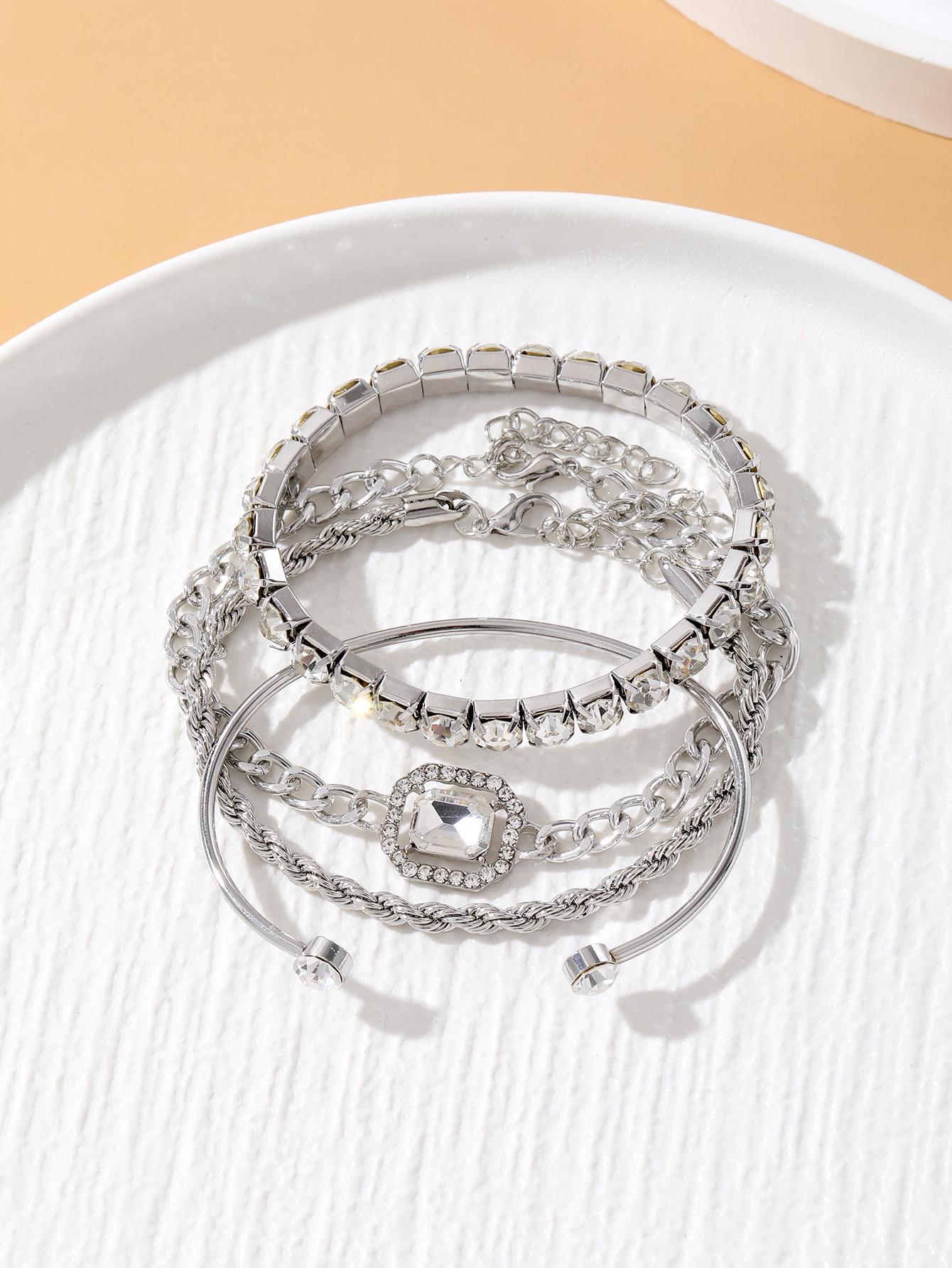 Shein - 4pcs/set Glamorous Zinc Alloy Cubic Zirconia Decor Bracelet For Women For Daily Decoration