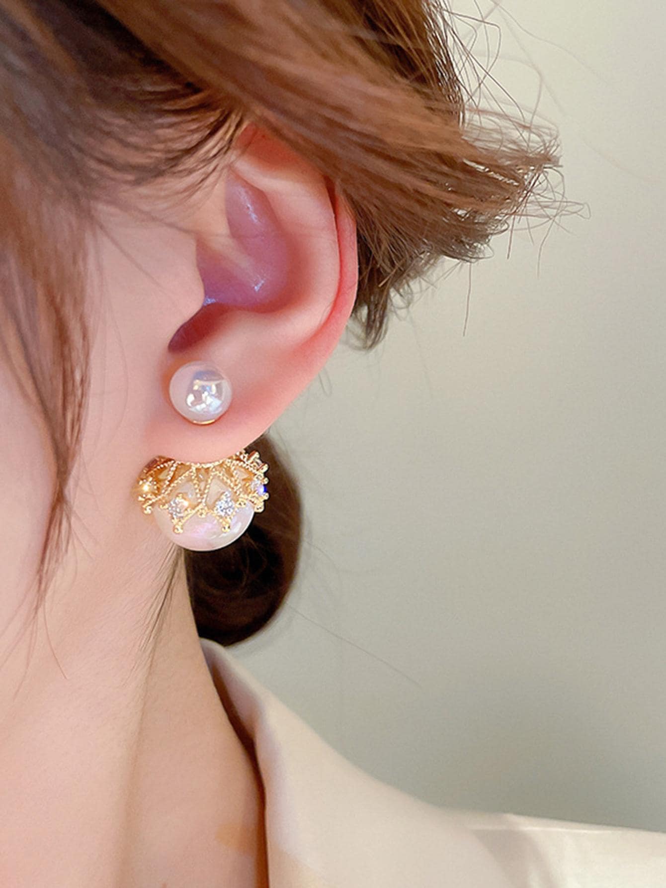 Shein - 1pair Fashion Cubic Zirconia & Faux Pearl Decor Earring Jackets For Women For Gift