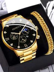 Shein - 1pc Men Gold Stainless Steel Strap Fashionable Rhinestone Decor Date Round Dial Quartz Watch & 1pc Chain Bracelet,
